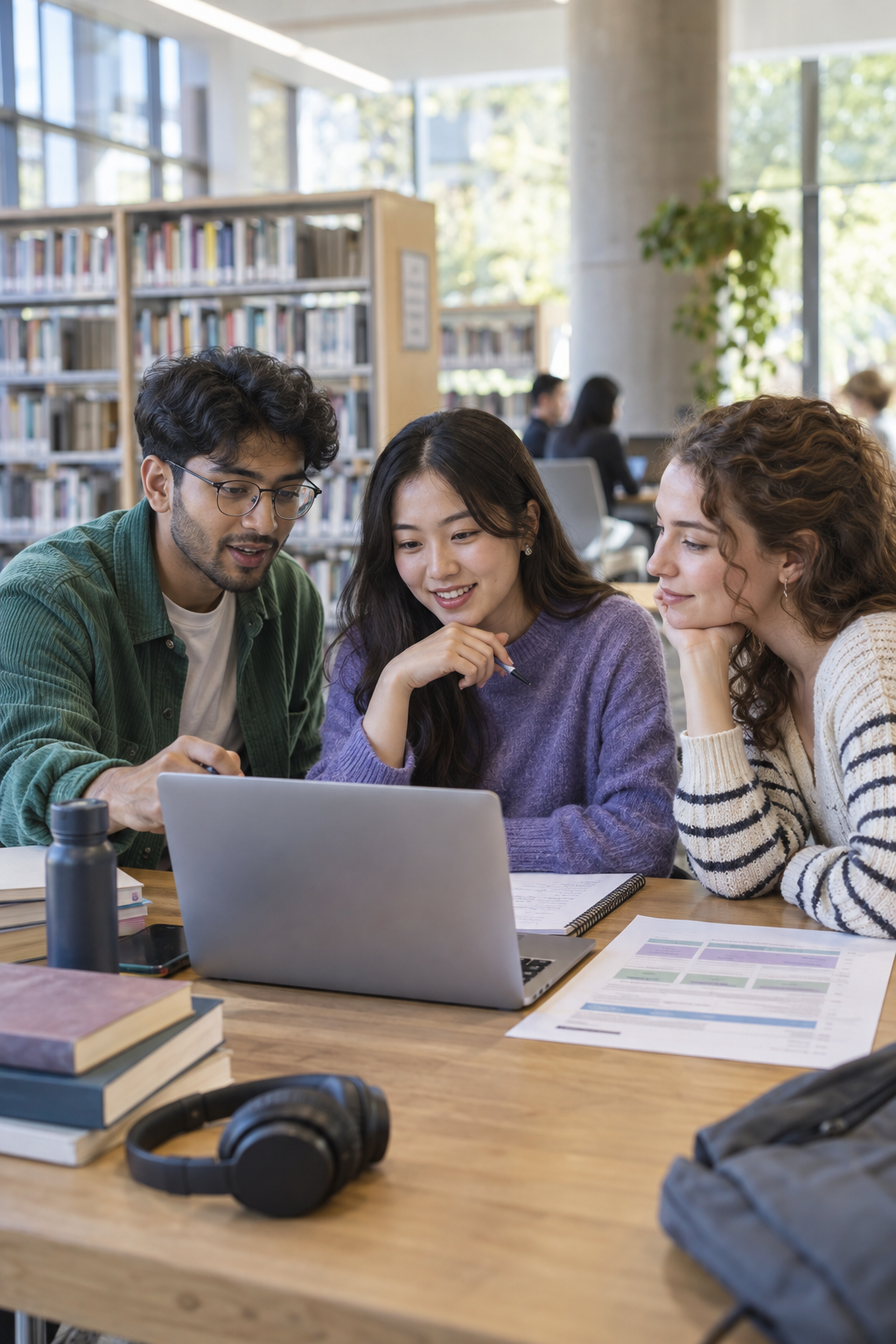 Three students planning their study journey together in a university library